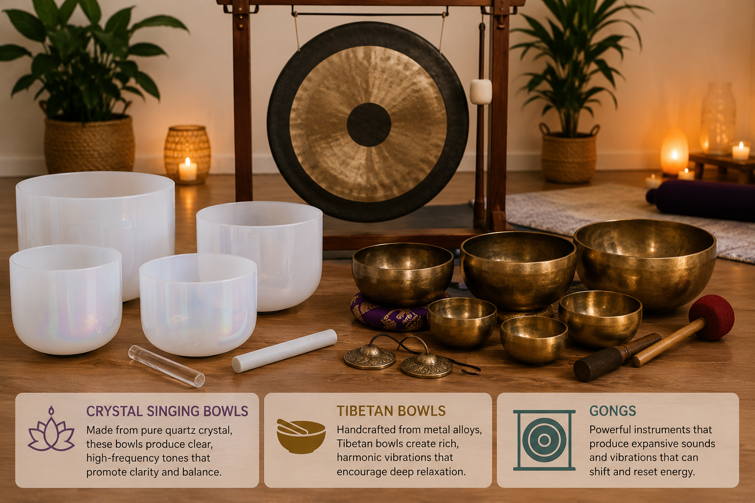 Crystal singing bowls, Tibetan bowls, and gongs commonly used during sound healing experiences.